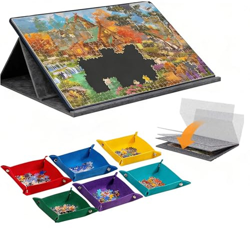 CAIEJSAEN Tavolo puzzle, 1000 pezzi, inclinabile, con supporto 2 in 1 e copertura, super leggero, in feltro con 6 scomparti, tavolo puzzle portatile, pieghevole