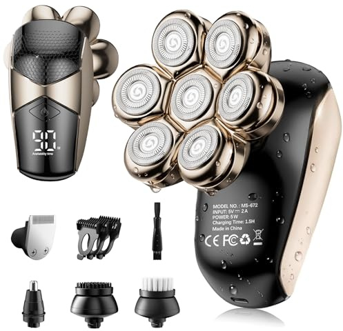 SHPAVVER ETHUP Electric Head Shavers for Men: IPX7 Waterproof Electric Razor for Bald Men - 7D Rotating Shaver with LED Display - 5-in-1 USB C Rechargeable Shaving Grooming Set