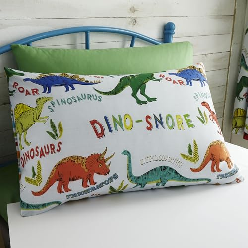 Happy Linen Company Kids Girls Dinosaur Park Jurassic Pink T-Rex Dino White Reversible Pair Of Pillow Cases