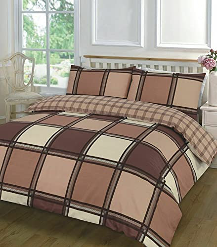 HOMES-LINEN Luxury Blocks Logan Easy Care Reversible Check Printed Duvet Cover Set (Chocolate, Double)