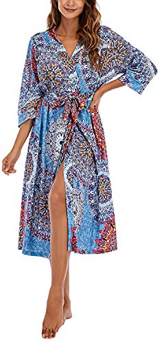 MAGIC ARMOR Damen Bademantel Leichter/Frauen Morgenmantel,3/4 Ärmeln Morgenmantel V-Ausschnitt Kimono Roben Langes Nachthemd für Nachtwäsche,PAT3 XL