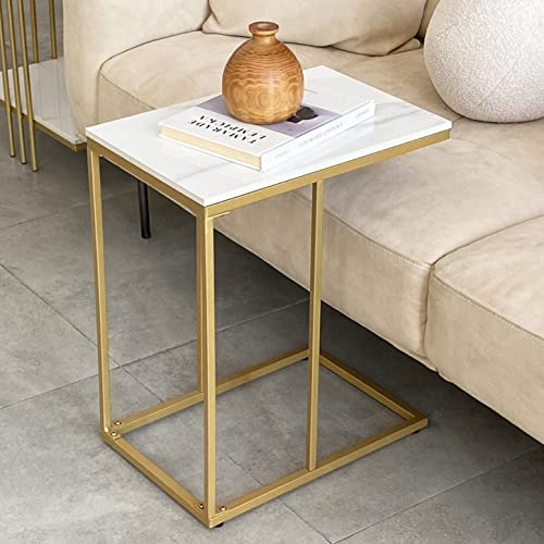 FATIVO Beistelltisch Klein Weiß Metall: Skandinavisch Marmor Beitstelltisch Sofatisch Schmal mit Gold Metallgestell fürs Wohnzimmer Schlafzimmer 45×30×54cm