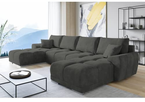 ML Furniture Velvet Ecksofa in U-Form – Darkgrau Sofa – Couch mit Stauraum und Kissen - Ausziehbares Schlafsofa – Sofa mit Schlaffunktion - Schlafsofa mit Bettkasten – Gästebett – 365 x 189 cm