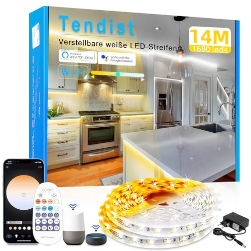 TENDIST 14M LED Strip Warmweiß 3000k Kaltweiß 6500K, Alexa Kompatibel Weiß Led Lichtband mit Fernbedienung, Dimmbar Selbstklebend Unterschrank Beleuchtung Led Strifen für Küche, Zimmer, Vitrinen