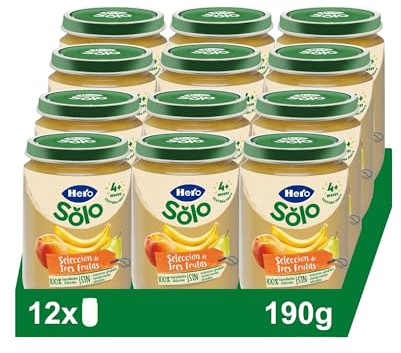 Hero Baby - Tarritos de Selección de 3 Frutas, Melocotón, Platano y Pera, Sin Almidón, Sin Azúcar Añadido, Ingredientes 100% Naturales, para Bebés de +4 meses, Pack de 12x190g