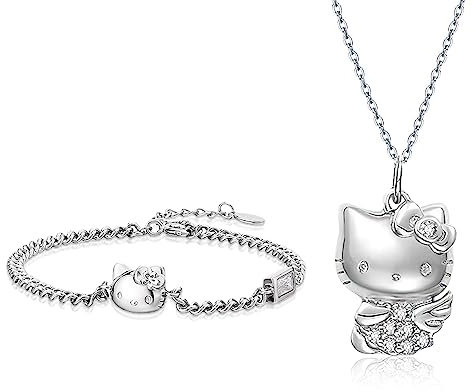 Mstnoixgc 2 Stück hallo kitty kette und armband, kinderschmuck, halskette, bracelet,kawaii schmuck mädchen,für kinder geschenk (A)