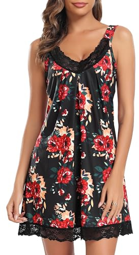 Lovasy Nuisette Sexy Femme en Dentelle Court Chemise de Nuit Babydoll Coton Grande Taille Bretelles Large Robe de Nuit Col en V sans Manches Impression de Fleur Noir-Fleurs XXL