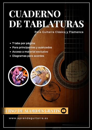Cuaderno de Tablaturas de Guitarra en formato A4. (Spanish Edition). Curso de Acordes GRATIS EN VÍDEO.: Para Guitarra Clásica y Flamenca. 7 tablaturas por página. Diagramas para acordes.