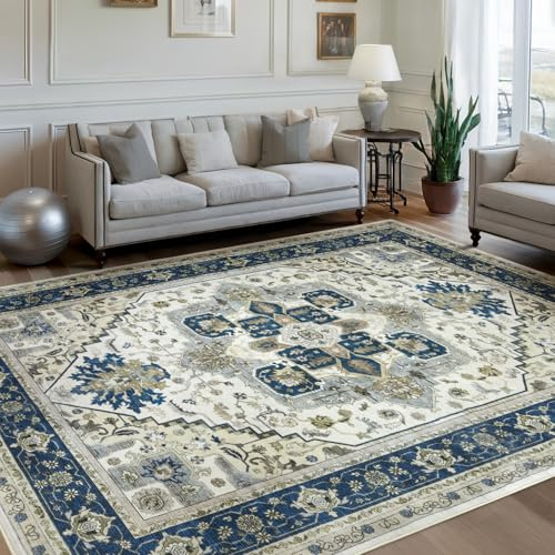 Area Rugs for Living Room 9x12 - Large Machine Washable Vintage Oriental Soft Rug, Low Pile Thin Carpet with Non Slip Backing for Bedroom, Dorm, Under Dining Room Table, Indoor House, Office Decor