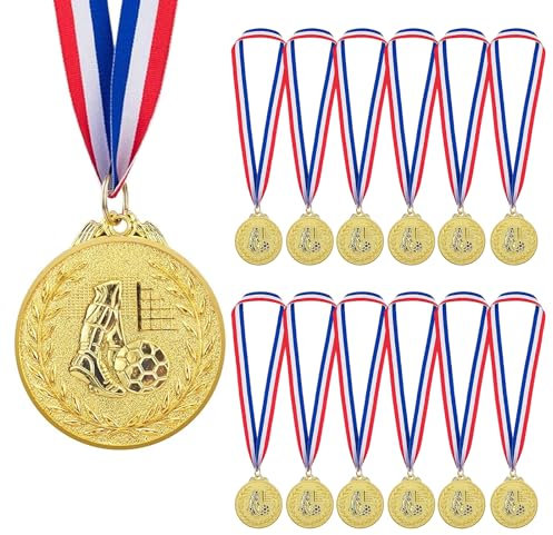 Vueinrg 12er Set Fußball Medaillen Kinder Goldmedaille Medaillen Kindergeburtstag Metall mit Band Siegermedaillen Goldmetallmedaille Fussball Sieger Medallien