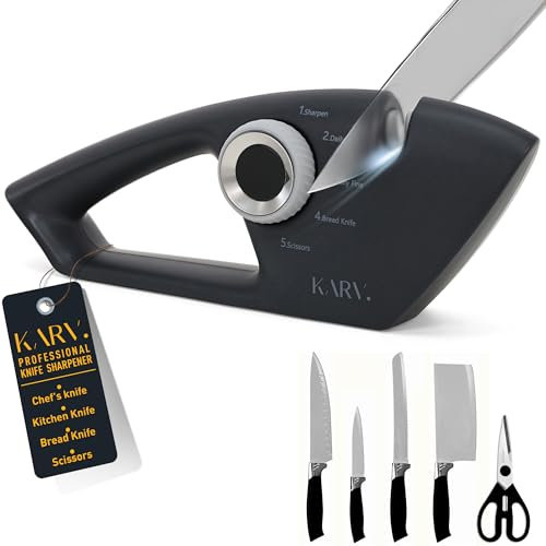KARV Knife Sharpener Shadow Black - 5-Stage Professional Kitchen Knife Sharpeners for All Knives - Non-Slip Base & Ergonomic Handle, Sharpen Straight Edge & Serrated Blades Chef Knife Sharpener