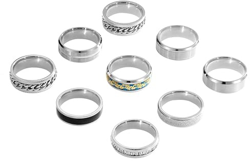 SOXEMAN Set da 9 Anelli Nuziali per Uomo e Donna, 2 Anelli Rotanti a Catena, Acciaio Inossidabile, Larghezze 6mm e 8mm (Misura USA) | Argento | Misura USA 9 (59,4 mm)
