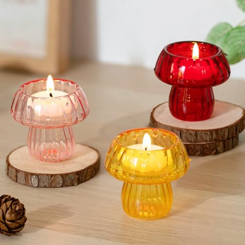 Glasseam Mushroom Tea Light Candle Holders: Glass Candle Holder Set of 3 Cute Tealight Holders for Home Mushroom Decor Coloured Tea Light Holders for Living Room Table Party Decoration