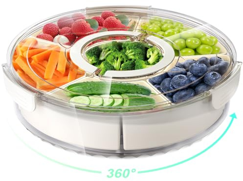 Divided Rotating Serving Tray with Lid and Handle, Portable Snackle Box for Fruits Snacks Veggie Charcuterie, Clear Lazy Susan Organizer and Fridge Storage Container for Adults Child (1PCS,12 L