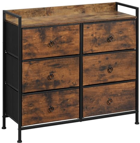 WOLTU Kommode mit Schubladen, Schrank mit 6 Stoffschubladen, Aufbewahrungsschrank Sideboard für Schlafzimmer Wohnzimmer Flur, Metallrahmen, Industrial Stil, Vintagebraun Schwarz, SSK010shm