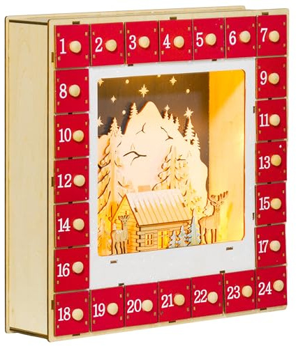 HOMCOM LED-adventskalender, juldekorationer i trä, 24 lådor att fylla på, ljusdekoration, byar, berg, skogar, renar och stjärnor, röd