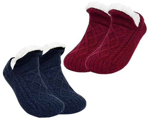 TYXHXTF 2 Pares Calcetines Antideslizantes Mujer para Casa, Invierno Térmico Calcetines Mullidos, Calcetines Invierno Hombre Térmicos(Azul oscuro + Rojo)