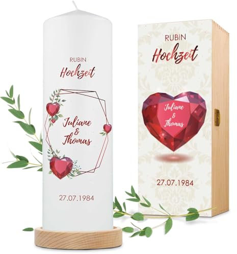 GRAVURZEILE Bedruckte Kerze - Rubinhochzeit Design - Personalisiert mit Namen, Datum & Wunschtext - Geschenk für Paare zu 40 Jahre Rubin Hochzeit - Hochzeitskerze Stumpenkerze 250/80 mm - Weiß
