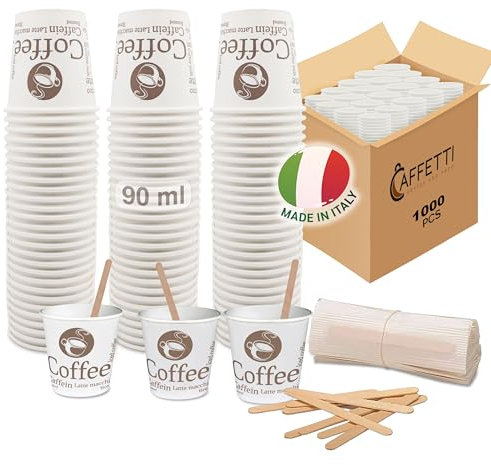 Caffetti Lot de 1000 gobelets à café + 1000 palettines, 90 ml 3 oz en papier, fabriqués en Italie, palettes en bois de bouleau recyclables, pour restaurants, bureau, à emporter, bar, expresso
