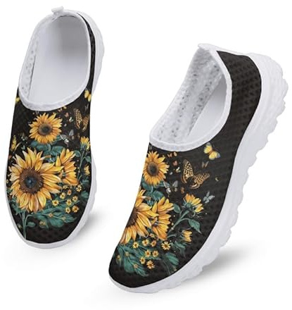 Kuiaobaty Watercolor Sunflower Comfort Slip-On Walking Shoes for Women, Retro Butterfly Running Trainers Breathable Mesh Active Sneaker Pumps Trainers