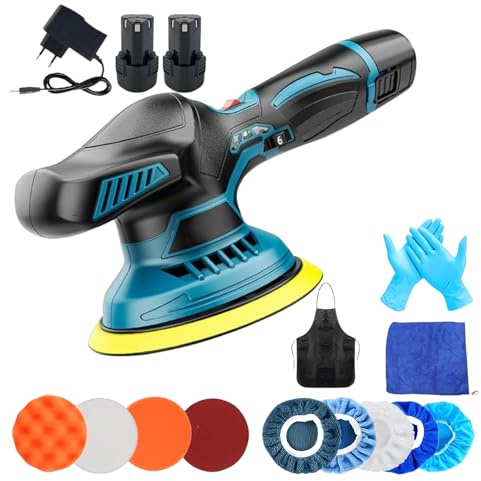 Lucidatrice Levigatrice Rotorbitale per Auto Doppia Batteria 12V 2.0Ah 5000RPM con 6 Velocità Regolabile Lucidatrice Elettrica Portatile ideale per Carrozzeria, Falegname, Ceratura + Accessori
