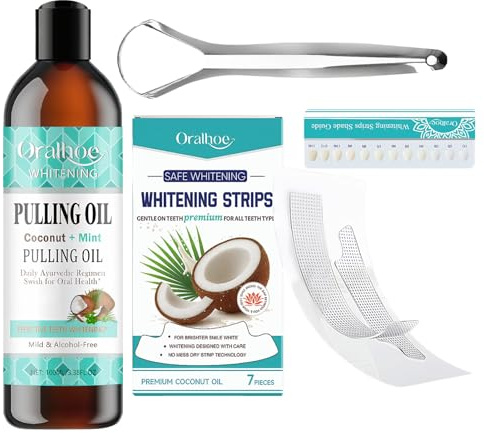 Olio di Cocco per Tirare Collutorio Naturale All'Olio 100ml con 7 Strip Sbiancanti Raschietto Lingua e Cartina Colori, Kit Igiene Orale all'Olio di Cocco Naturale per l'alito Fresco Gengive più Sani