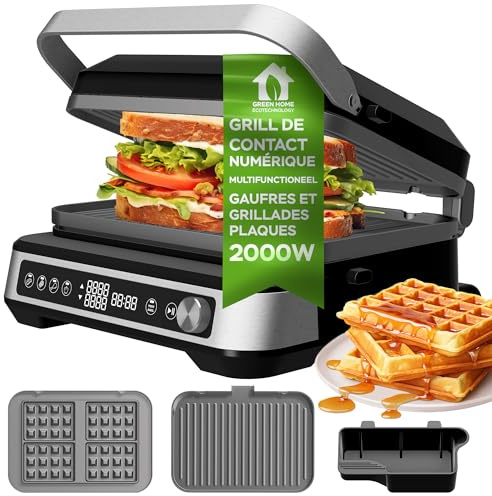 Grill de Contact 3-en-1 avec Plaques Amovibles TurboTronic CG1W, 2000W, Panini, Gaufrier, Appareil à Croque-Monsieur, Ouverture 180°, Écran LCD, Noir