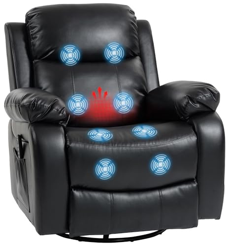 HOMCOM Relaxsessel mit Massagefunktion, Fernsehsessel mit 8 Vibrationspunkten, Heizfunktion, Wippfunktion, Drehbarer Liegesessel mit Fernbedienung und Seitentasche, Kunstleder, Schwarz