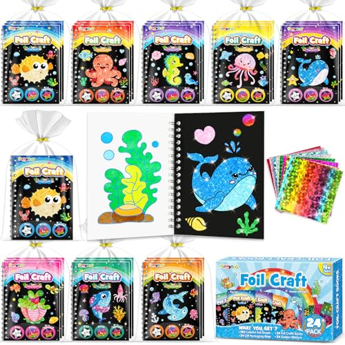 FUNNYB&G 24 Pack 2 IN 1 Kit de Arte con Foil + Libros de Colorear, Detalles Cumpleaños Niños, Regalos Cumpleaños Niños Colegio, Detalles Alumnos 4 a 12 Años (océano 24)