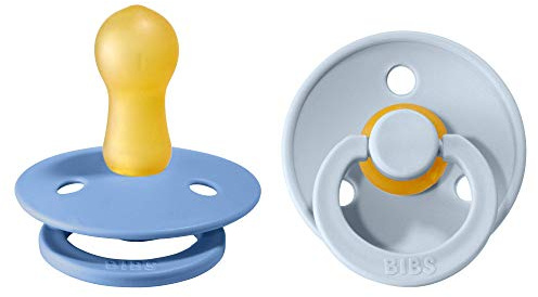 BIBS Colour Soother 2-Pack, BPA Free Dummy Pacifier, Round Nipple. Natural Rubber Latex, Size 2 (6-18 Months), Sky Blue/Baby Blue