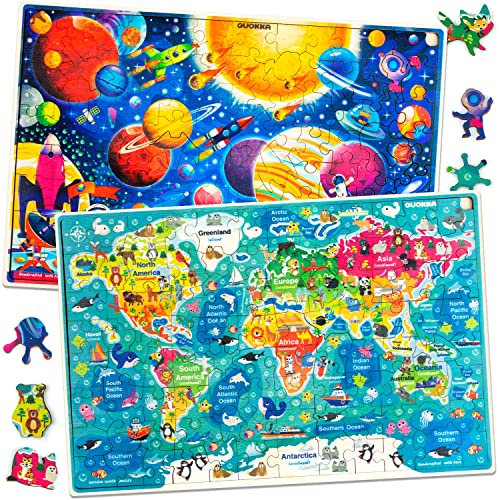 QUOKKA Puzzle ab 4 5 Jahre - 2 x 100 Teile Kinder Holzpuzzle ab 6 7 - Kinder Spielzeug Für Lernen Weltkarte Weltraum Planeten - Geschenk Kinderspielzeug für Mädchen and Junge 3 5 8