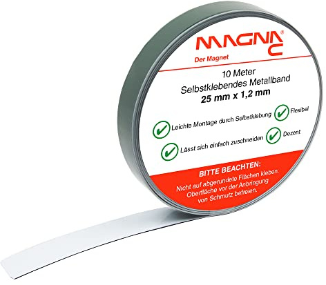 Magna-C - Nastro autoadesivo in metallo bianco, base per calamite, flessibile e facile da tagliare, 10 m x 25 mm x 1,2 mm