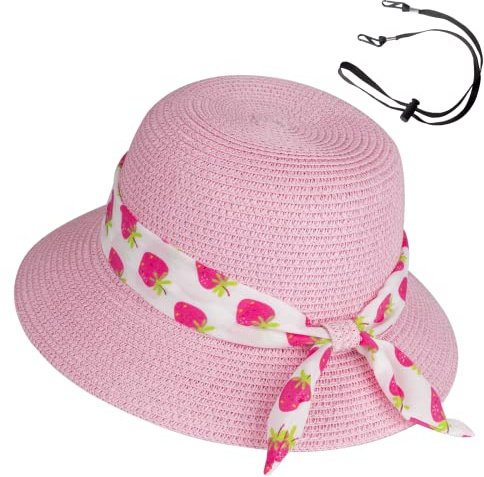 Girls Sun Straw Hat Kids Summer Beach Packable Hats Pink Cute Floppy Wide Brim UV Protection Cap Adjustable Size with Chin Strap for Toddler Baby Childrens Little Girl Ages 5 6 7 8 9 10 Years