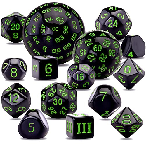 SIQUK 15 Piezas Dados Poliédricos D3-D100 para DND RPG, Negro y Verde