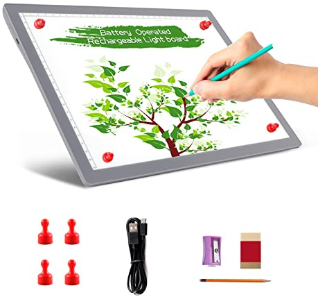TOHETO Portable A4 Tracing LED Copy Board, Cordless Battery Powered 5 Levels Brightness Light Box Rechargeable Light Board for Tracing Weeding Vinyl X-ray Viewing Sketching Diamond Painting (Grey)