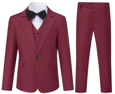 Sliktaa Garçon Costumes 3 pièces Classiques Simple Bouton Revers Veste de Sport Gilet Pantalons Longs Mariage fête et Bal de Fin d'année pour garçons,Vin Rouge,6 Ans