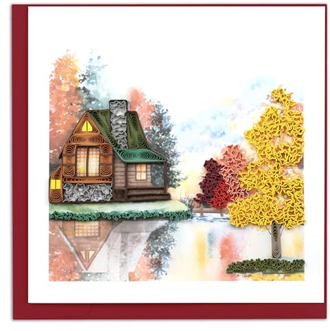 Quilling Card Handmade Quilled Cozy Autumn Cabin Greeting Card – 6x6 Inch Blank Card with Envelope – Fair Trade Verified – Unique Paper Art Keepsake for Any Occasion