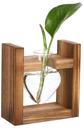 HANABASS Florero de Vidrio Soporte Vidrio para Plantas Hidropónicas - Recipiente Transparente para Decoración Escritorio y Boda con Soporte de Madera - para Decoración del Hogar, Oficina, Cafetería