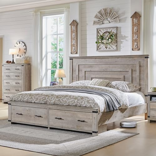 RedLemon Farmhouse Queen Size Bed Frame w/ 54 Tall Geometric Headboard, Rustic Wood Platform Bed w/ 2 Large Storage Drawers, Wood Slats Support, Noise Free, No Box Spring Needed, Light Rustic Oak