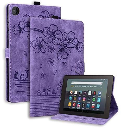 TEDTIKJT Tablet Cover per Amazon Fire HD 8 (2015/2016/2017/2018) 8 Pollici Custodia PU Pelle Libro con Supporto Funzione Protettiva Magnetica Tablet Custodia,Gatto Sakura Viola