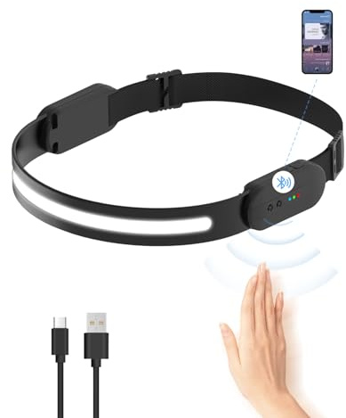 Aucaer Lampe Frontale Rechargeable, 350 Lumens avec Bluetooth, Commande Gestuelle, Étanche IPX5, Bandeau Réglable, Réglable à 230°, 3 Modes, Course à Pied Pêche Camping[Classe énergétique A+++]