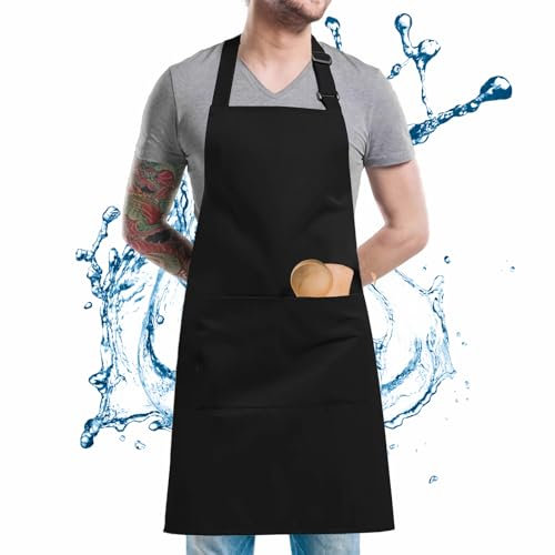 Carreneu Grembiule da Cucina Uomo Impermeabile e a Prova D'olio, Grembiule da Lavoro Uomo con 2 Tasche, Regolabile, Adatto per Cucina, Giardinaggio, BBQ