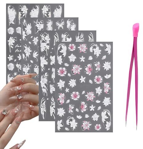 RTRTGS 4 Fogli 3D Fiori Adesivi Unghie, Adesivi per Nail Art, Unghie Autoadesivi, 5D Decorazioni Unghie, Disegni per Nail Art,adesivi per unghie,decorazioni unghie nail art