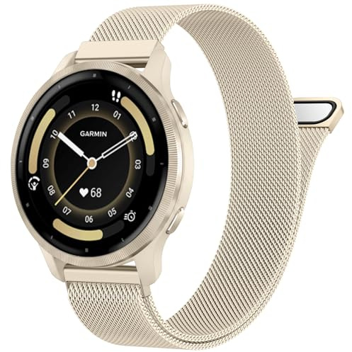 20mm Metal Bands Compatible with Garmin Vivoactive 5/Vivoactive 6/3 Watch Bands, Soft Stainless Steel Strap Replacement Wristband for Venu Sq 2/ Forerunner 55/245 Watch Band Women Men, Champagne