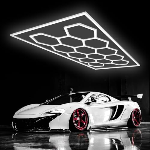 GAORUTO Plafonnier LED Hexagonal pour Garage, Grilles 672W 6500K Nid D'abeilles Connectables pour Entrepôt, Atelier, Salle de Sport, Sous-Sol, Entretien Automobile, Buanderie 14 HEX