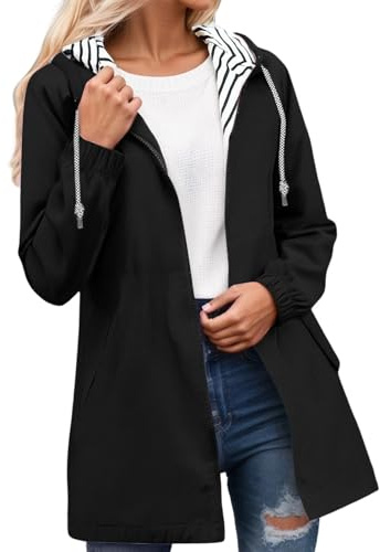 Veste coupe-vent légère pour femme avec capuche et poches rayées, manteau anorak pour trekking, voyage, veste de pluie avec capuche, 2025, Noir , XXL