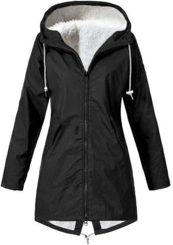YCBMINGCAN Chubasquero para mujer forrado | Chaqueta de invierno impermeable con capucha | Chaqueta funcional para exteriores con forro de peluche | Chubasquero largo para otoño e invierno, Negro , M