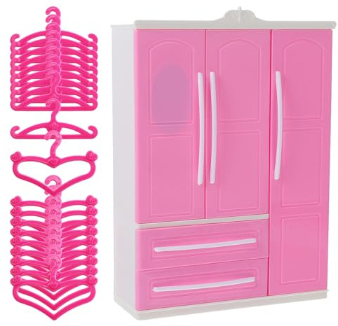 SOPOTUTU Armoire pour Vêtements de Poupée Abs avec 21 Pièces, 3 Côtés, Cintres Miniatures Cœur et Barre, Rangement pour Garçon et Filles, Maison de Poupée, Ensemble Complet