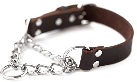 Mighty Paw Martingale Dog Collar - No Pull Design - Stainless Steel Chain - Limited Chain Cinch Training - Brown Leather Martingale Training Collar - Large Size