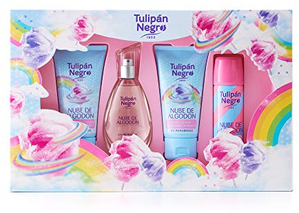Tulipán Negro - Nube de Algodón, Estuche de Regalo Unisex, Colonia 50 ml + Loción Corporal 75 ml + Gel de Baño 75 ml + Desodorante Spray 50 ml, Fragancia Dulce de Larga Duración